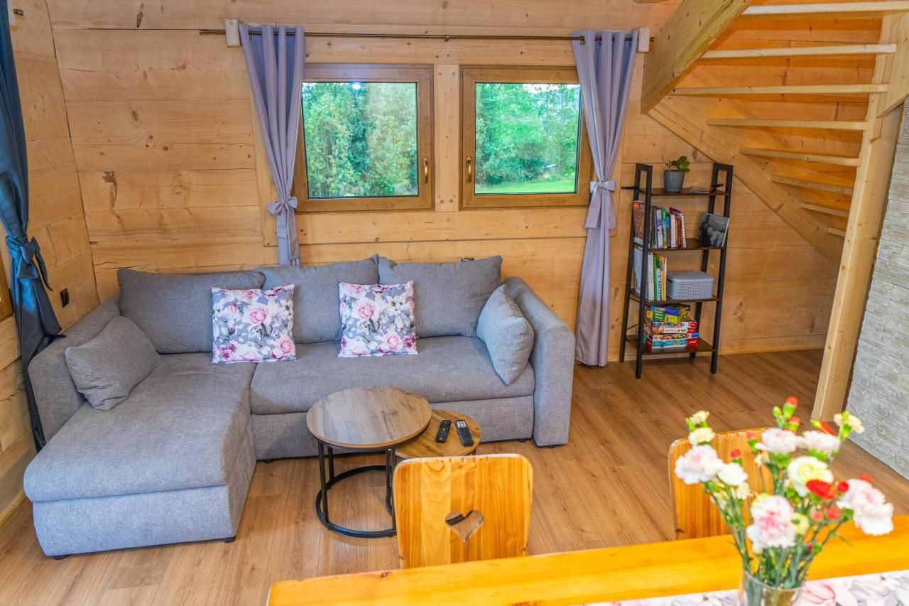 Szara sofa z poduszkami pod oknami salonu